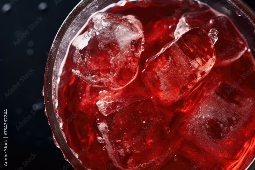 Poster a glass of red liquid with ice cubes. suitable for beverage ads