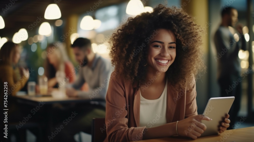 Poster a woman sitting at a table using a tablet computer. suitable for technology and work concept