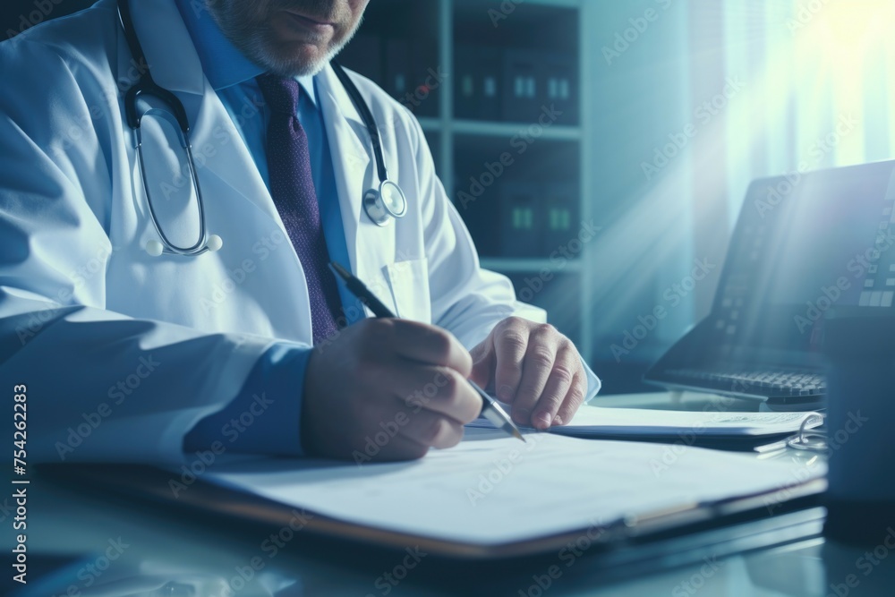 Aufkleber a man in a lab coat writing on a piece of paper. ideal for scientific or educational concepts