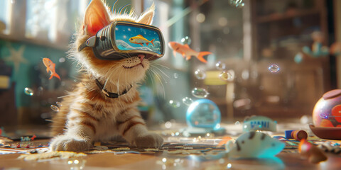 Kitten's Virtual Aquarium Adventure.
Kitten with VR headset imagines a vibrant underwater world amidst toys and bubbles.