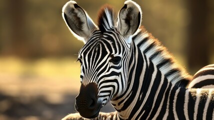 Fototapeta premium Close up of a zebra's face with trees in the background. Suitable for nature and wildlife concepts