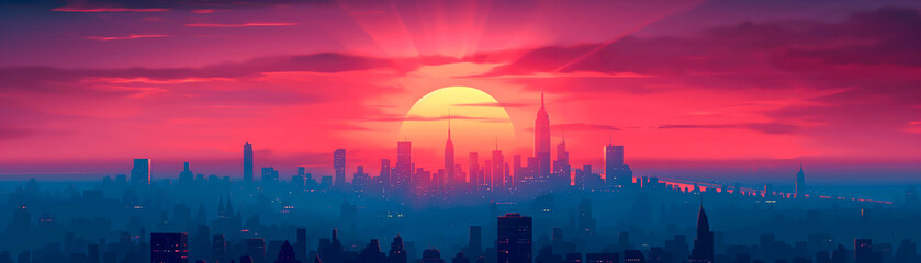 surreal psychedelic wallpaper artwork of a synthwave or vapor wave sunset cityscape, big metropolis city skyline, birds view, panorama, big sun