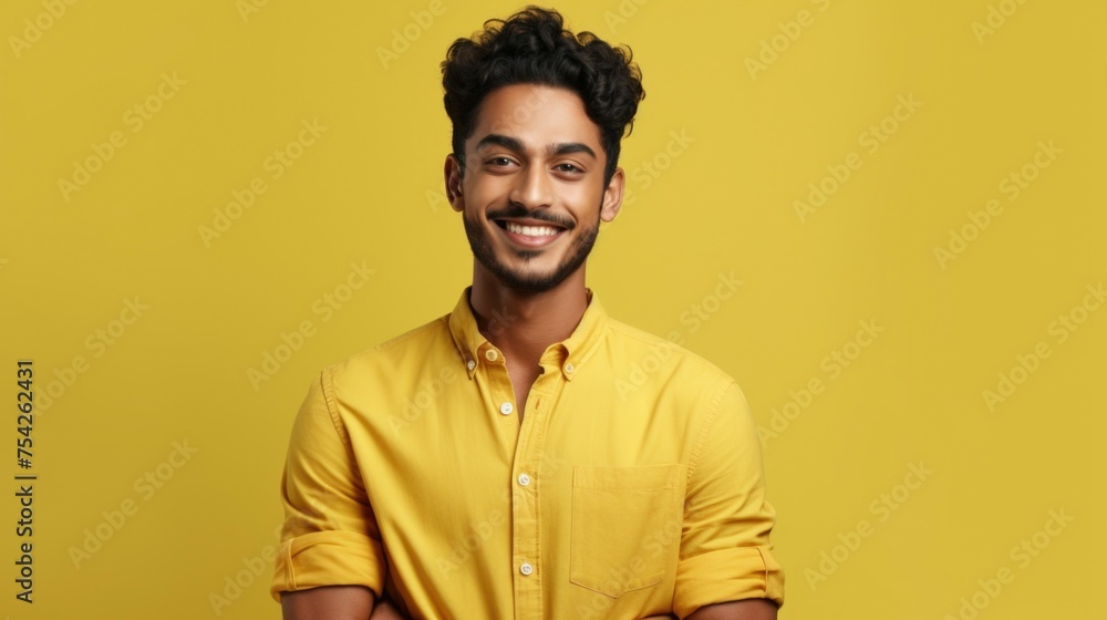 Aufkleber a man in a yellow shirt smiling at the camera. suitable for various projects