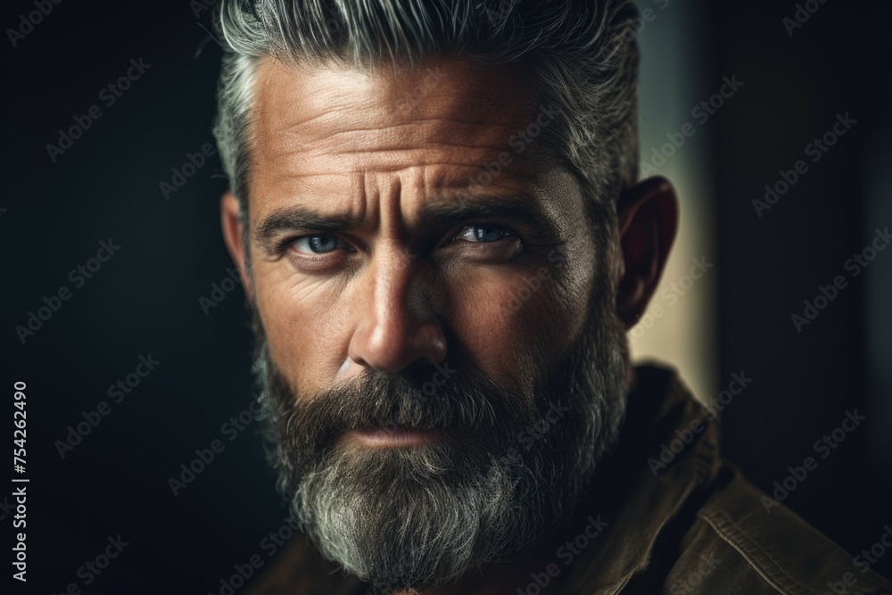 Poster a detailed shot of a man with a beard, suitable for various uses