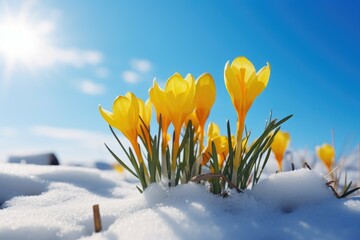 Vibrant yellow flowers contrast beautifully with the white snow, perfect for winter-themed designs