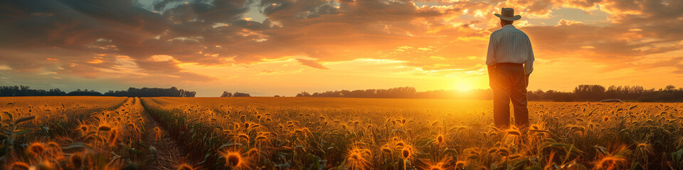farmer at the field looking at the horizon, man standing in cowboy hat admire sunset