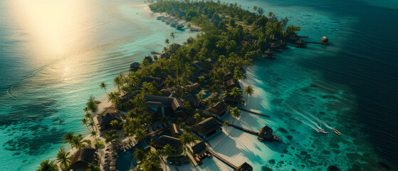An aerial view on Tropical paradise.Luxury panorama view on Maldives resort on seascape background. Bungalow, villas on beautiful exotic beach on the ocean. Honeymoon. Generative ai - obrazy, fototapety, plakaty