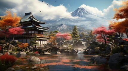Fototapeta premium Peaceful Japanese garden with majestic mountain backdrop. Suitable for travel brochures