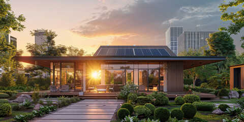  ecofriendly home with solar panels on the roof at sunset or sunrise