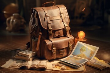 A brown leather backpack sitting on a table. Perfect for travel and education concepts