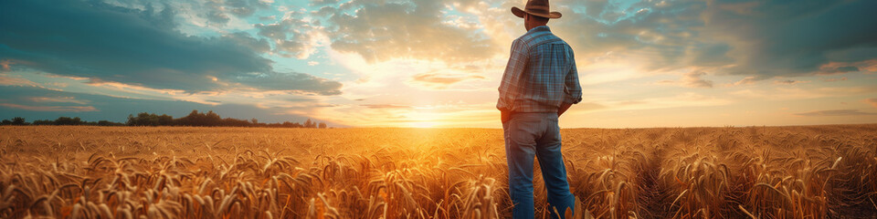 farmer at the field looking at the horizon, man standing in cowboy hat admire sunset - obrazy, fototapety, plakaty