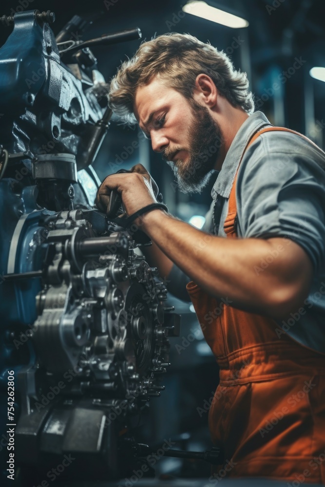 Poster a man working on a machine in a factory. suitable for industrial concepts