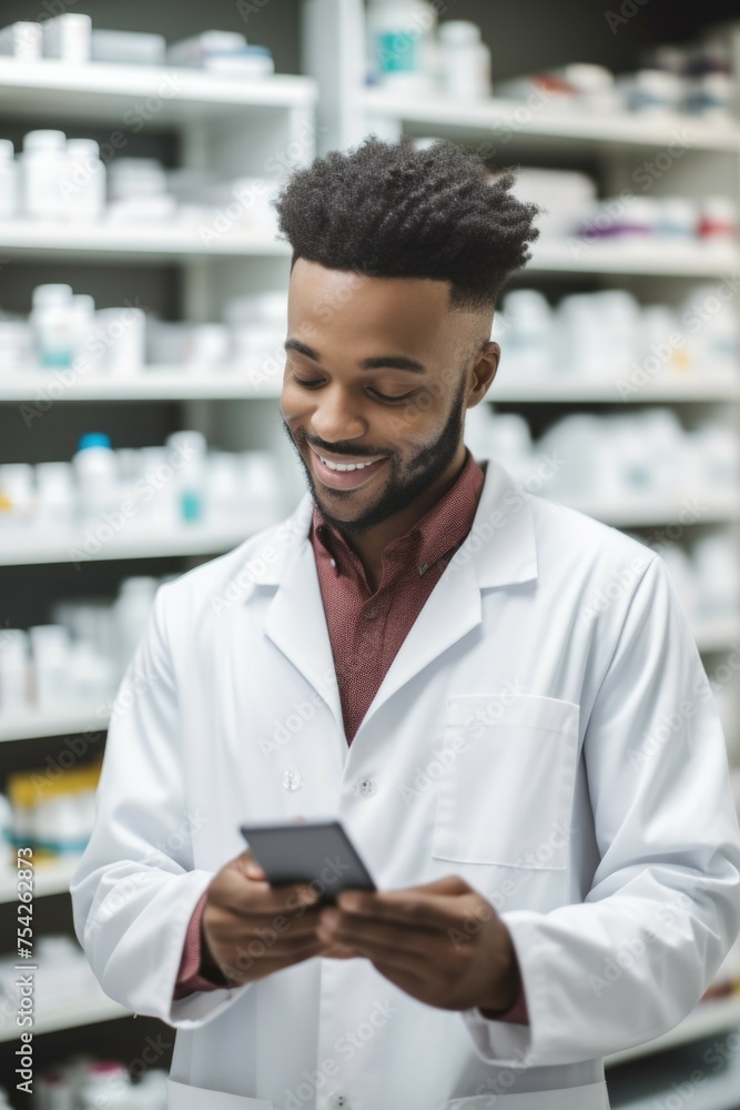 Aufkleber A scientist in a lab coat examining a cell phone. Suitable for technology and research concepts