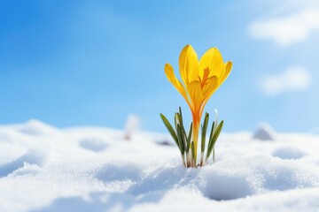 A beautiful yellow flower peeking out of the snow. Suitable for nature and winter concepts