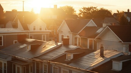 Sun setting over a row of houses, perfect for real estate or neighborhood concept - Powered by Adobe