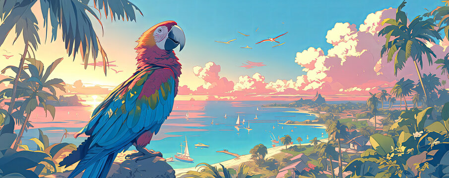 Illustration of a Macaw in front of a tropical paradise
