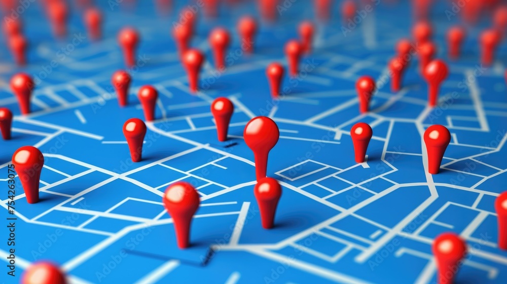 Poster Red pins on map, perfect for travel or navigation concepts