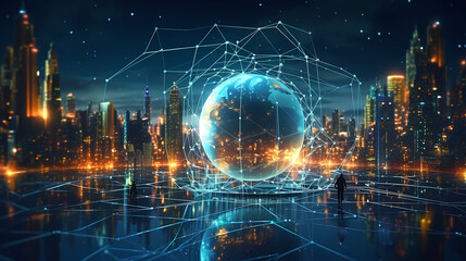 Digital Earth, network of interconnected globe icons representing global business network