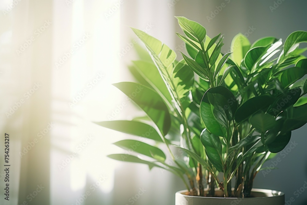 Poster a potted plant on a table in front of a window. suitable for home decor or interior design concepts