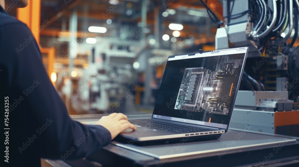 Poster a man focused on his work using a laptop in a factory setting. suitable for industrial, technology c
