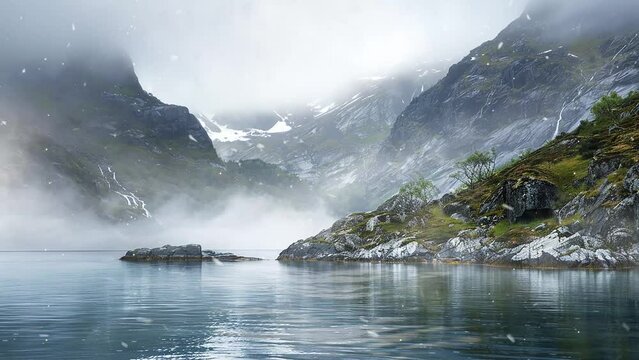 beautiful nature scene with mountains misty environment. seamless looping overlay 4k virtual video animation background