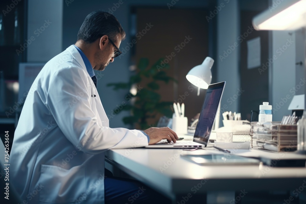 Aufkleber A man in a lab coat working on a laptop. Suitable for science and technology concepts