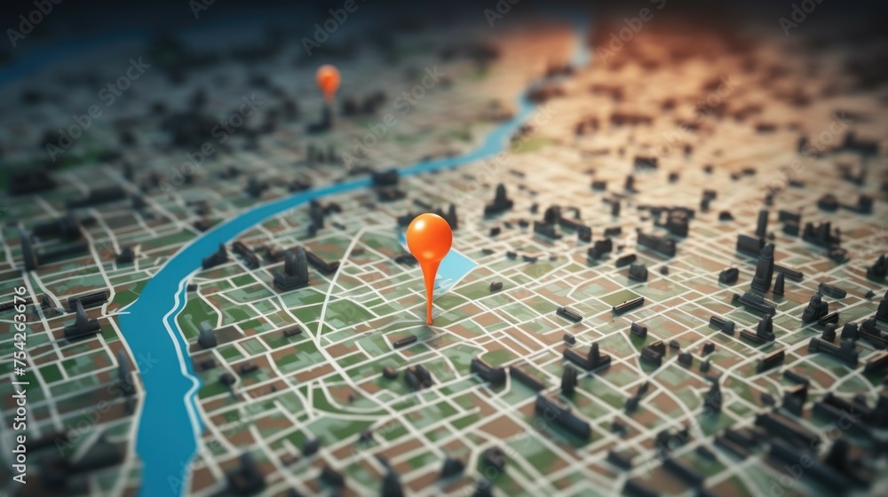 Poster A detailed close up of a city map with pins. Ideal for travel and navigation concepts