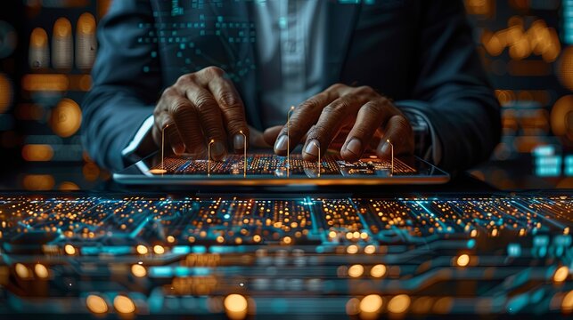 Close-up of a businessman's hands using a transparent digital tablet over a glowing circuit board background. - Powered by Adobe