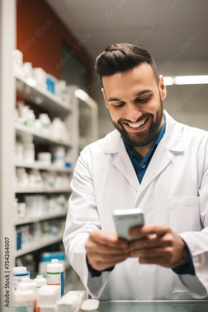 Poster A man in a lab coat looking at a cell phone. Ideal for technology or science concepts