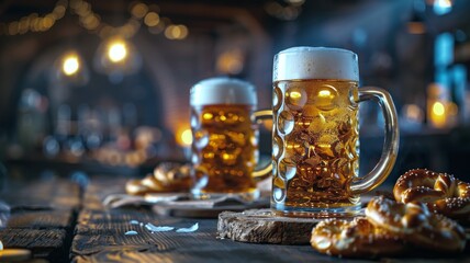 Cozy pub atmosphere with frothy beer mugs and traditional pretzels inviting a friendly toast - obrazy, fototapety, plakaty