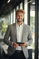 Fototapeta premium A man in a suit holding a tablet computer. Suitable for business concepts