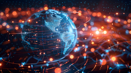 Digital world globe, concept of global network and connectivity on Earth, high speed data transfer and cyber technology, information exchange and international telecommunication - obrazy, fototapety, plakaty