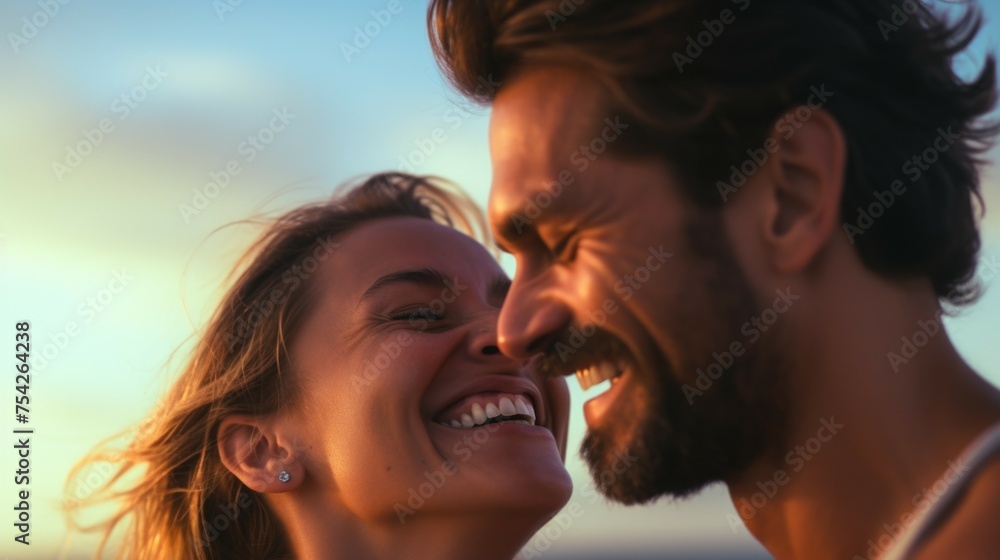 Poster a man and a woman smiling at each other. suitable for various concepts