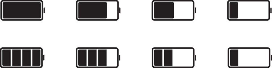 battery icon set, black and white, outlined battery icons, with charging sheet animation	