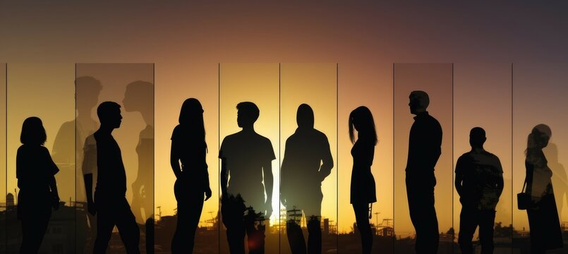 A group of people standing in front of a beautiful sunset. Perfect for travel or inspirational content