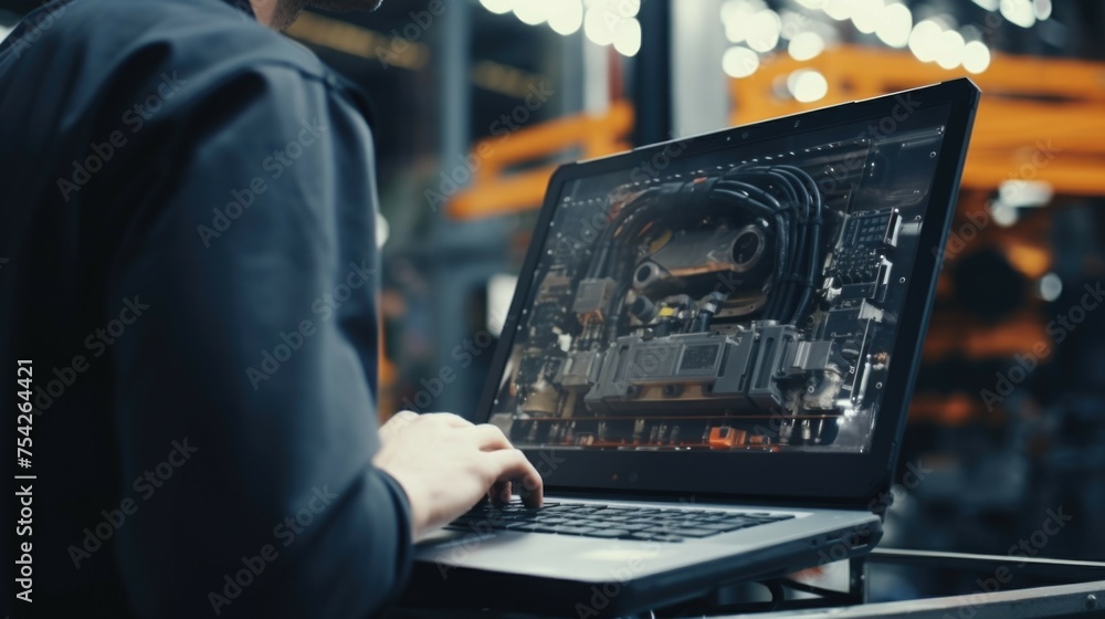 Poster a man working on a laptop in a factory. suitable for industrial concepts