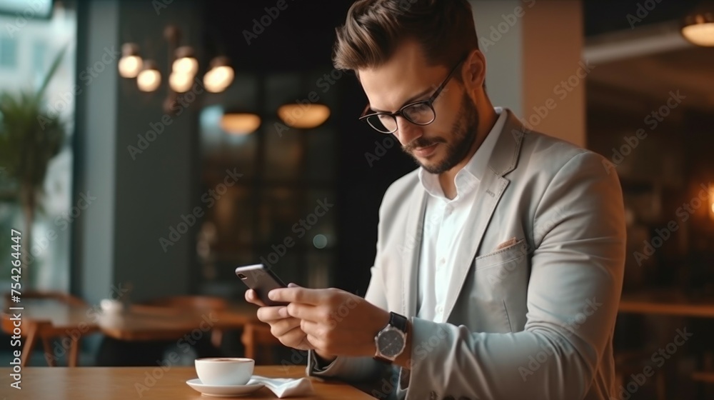 Poster a man sitting at a table looking at his cell phone. suitable for technology and communication concep
