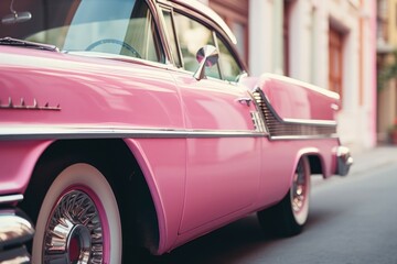 A pink car parked on the side of the road. Ideal for automotive and travel concepts - obrazy, fototapety, plakaty