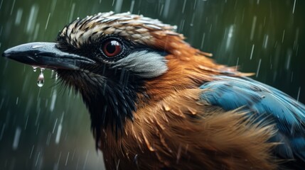 A close-up shot of a bird in the rain. Suitable for nature themes - obrazy, fototapety, plakaty