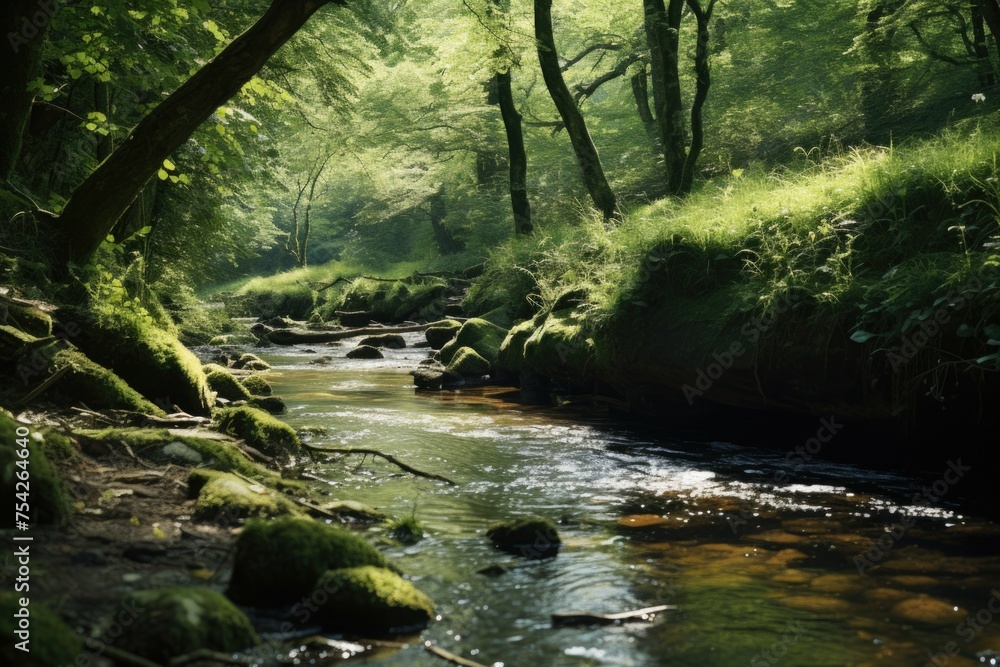 Poster a scenic view of a stream flowing through a vibrant green forest. ideal for nature and outdoor theme