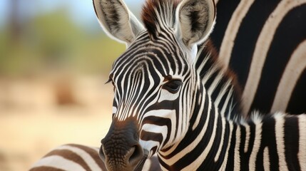 Fototapeta premium A detailed shot of a zebra with a blurred background. Ideal for wildlife enthusiasts or animal-themed projects