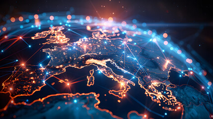 Digital world globe centered on Europe, concept of global network and connectivity on Earth, data transfer and cyber technology, information exchange and international telecommunication