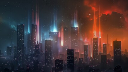 Imagine a futuristic cityscape bathed in vibrant neon lights under a starry sky