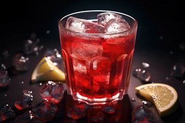 A glass of red liquid with ice and lemon slices. Perfect for summer menus and beverage promotions
