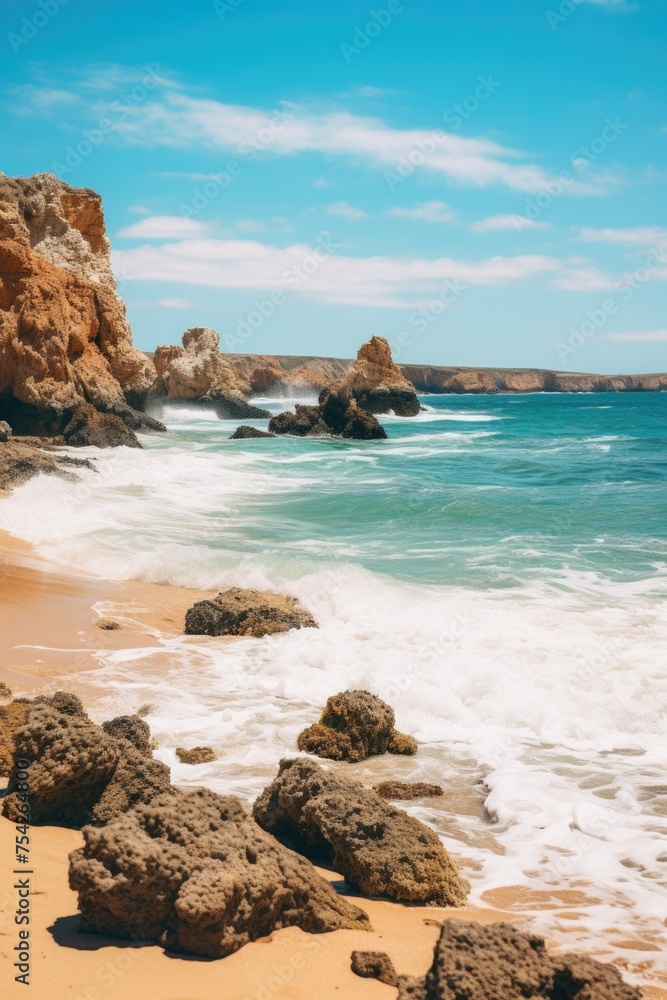 Poster a scenic view of a sandy beach with rocks and a body of water. suitable for travel and nature concep