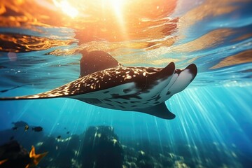A majestic manta ray gracefully glides through the ocean. Perfect for marine life concepts - obrazy, fototapety, plakaty