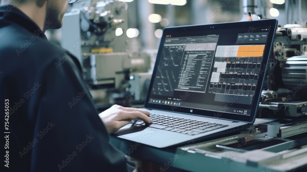Poster A man working on a laptop computer in a factory. Ideal for illustrating technology in industrial settings