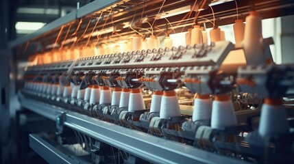 Industrial machine working on yarn production. Suitable for textile industry concepts - obrazy, fototapety, plakaty