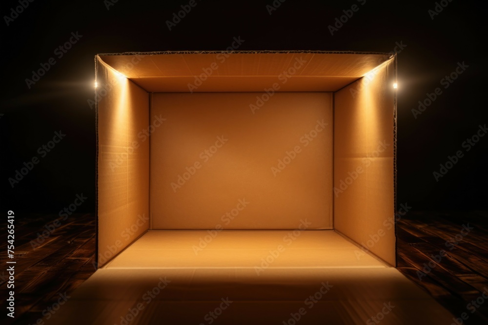 Poster A simple image of an empty cardboard box in a dark room. Suitable for various concepts and design projects