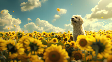 Dog Admiring a Field of Sunflowers
. A joyful dog stands tall in a vast field of blooming sunflowers under a sunny sky with fluffy clouds.
